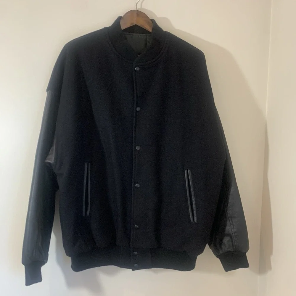 Vintage Mens Delphi Racing Varsity Jacket 2XL‎ Black Embroidered Leather Sleeves